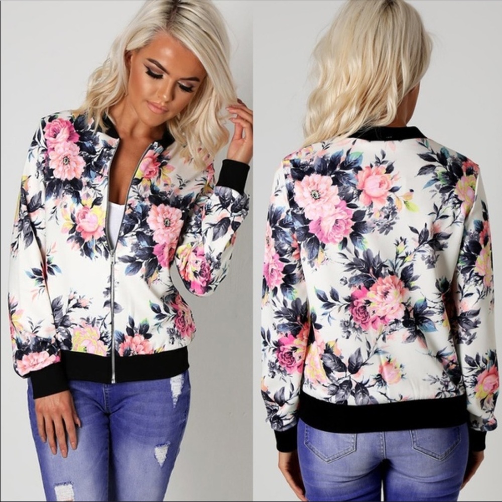 White Floral Bomber Jacket